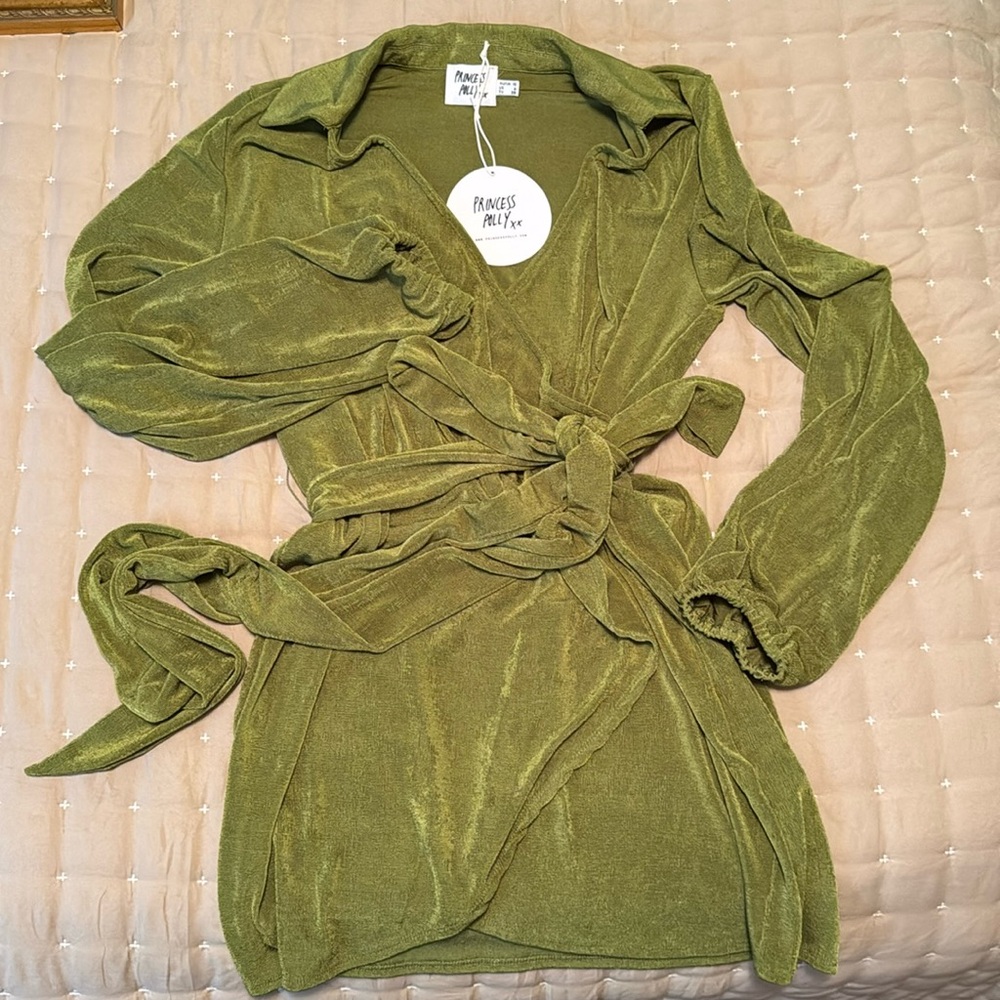 PRINCESS POLLY GREEN SHIMMER SHORT WRAP DRESS